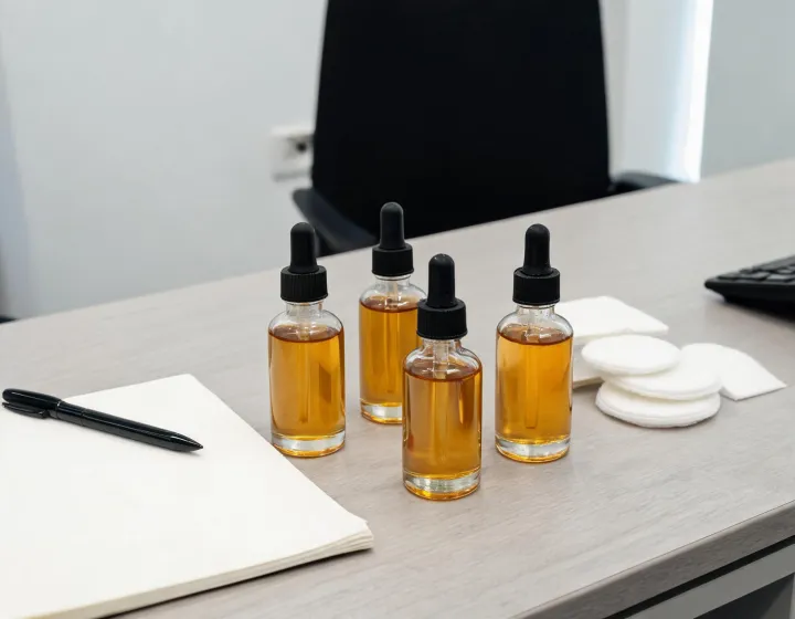 Face Oil Sourcing on a cosmetics bench, illustration only
