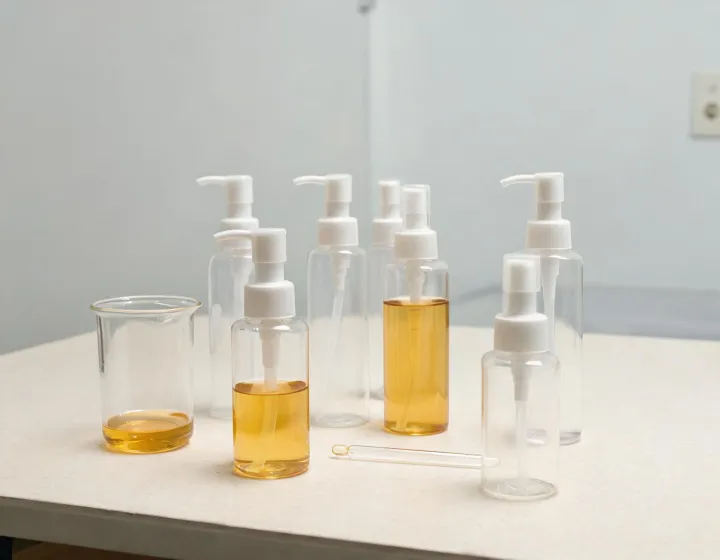 face oil cleanser on a cosmetics bench, illustration only