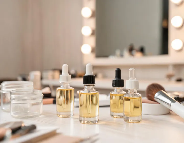face oil for makeup on a cosmetics bench, illustration only