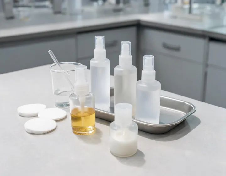 face oil or moisturizer first on a cosmetics bench, illustration only